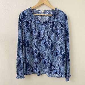 Joie Flowy Popover Blouse Size Large Blue Tassels Pintuck